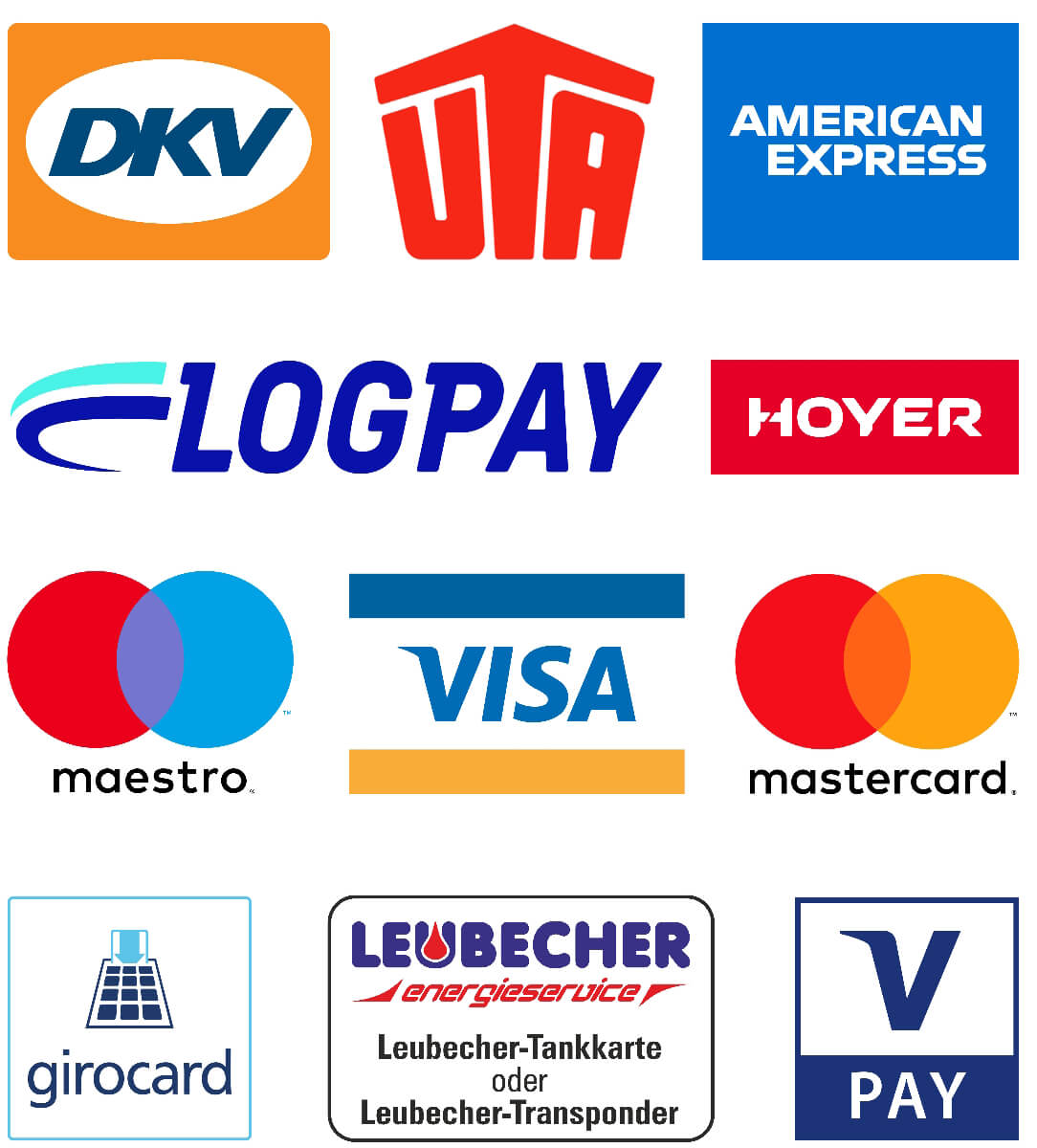 Kartenakzeptanz: DKV, UTA, American Express, LOGPAY, HOYER, maestro, VISA, mastercard, girocard, Vpay